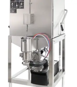 A straight-through dishwasher with a stainless steel body with a top-mounted control box.