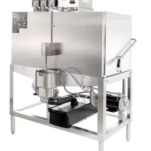 A full-size, double-rack stainless steel commercial dishwasher with top-mounted controls and two doors.