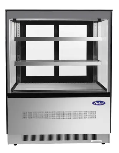 A stainless steel refrigerated display case with square glass and LED shelves.