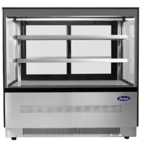 A stainless steel refrigerated display case with square glass and LED shelves.