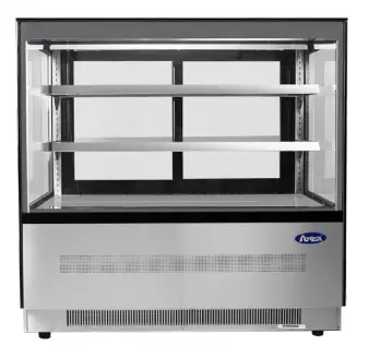 A stainless steel refrigerated display case with square glass and LED shelves.