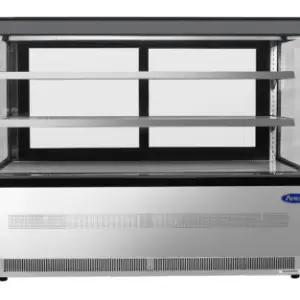 A stainless steel refrigerated display case with square glass and LED shelves.