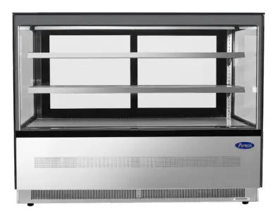 A stainless steel refrigerated display case with square glass and LED shelves.