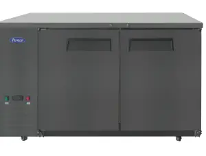 A shallow depth black back bar cooler with two doors and stainless steel interior.