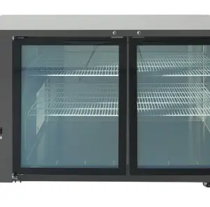A two-door glass back bar cooler with black exterior and glass frames.