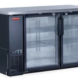 two-door glass back bar cooler with stainless steel top and LED lighting.