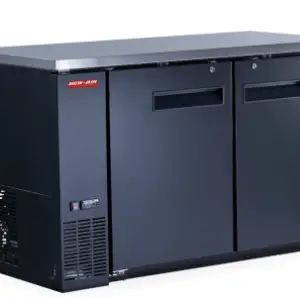 two-door black back bar cooler with solid doors and stainless steel work top.