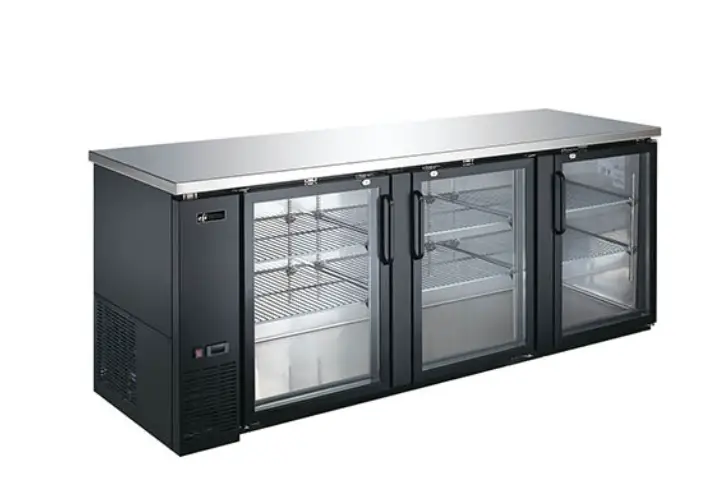 EFI CBBGD3-90CC three-door glass back bar cooler with black vinyl finish and stainless steel top.