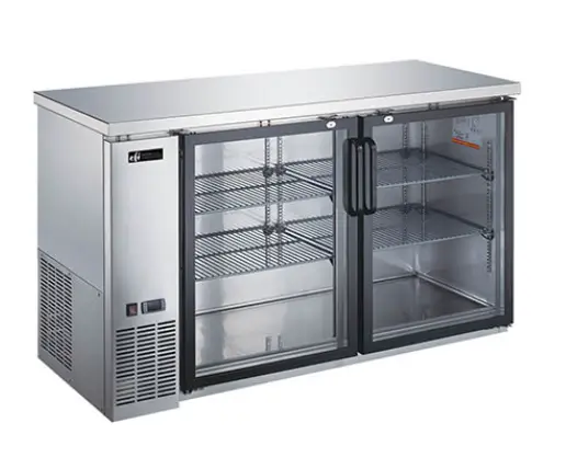 wo-door glass back bar cooler with full stainless steel finish and work top.