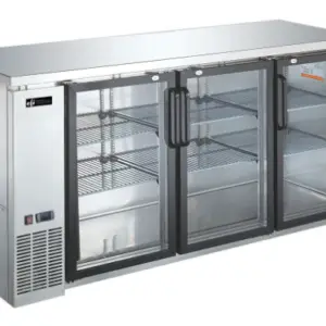 A three-door glass back bar cooler with full stainless steel exterior and work top.