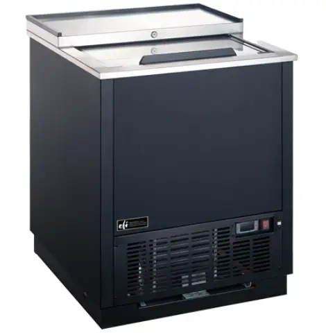 A single sliding door glass froster with black vinyl exterior and stainless steel top.