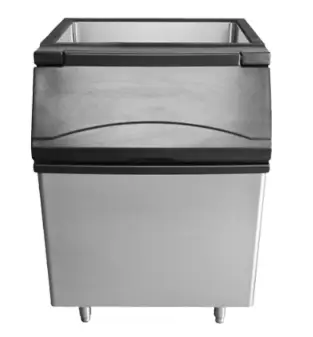 A 30-inch commercial stainless steel ice storage bin with 395 lb capacity and slanted plastic door.