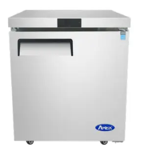 A compact stainless steel undercounter freezer.