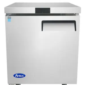 An atosa stainless steel undercounter freezer.