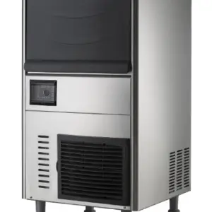 A compact air-cooled ice machine with a stainless steel exterior.