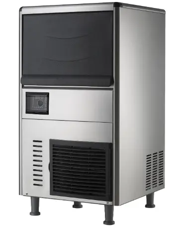 A compact air-cooled ice machine with a stainless steel exterior.