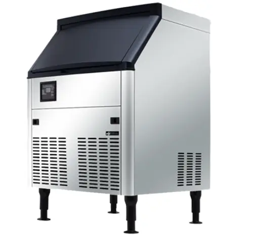 An air-cooled cube ice machine with a stainless steel exterior.