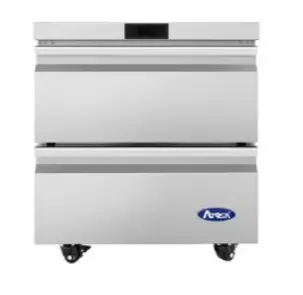 A 2-drawer undercounter freezer with stainless steel construction.