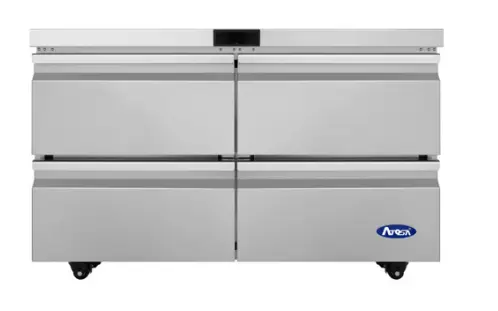 An Atosa undercounter refrigerator with 4 drawers and a stainless steel exterior.