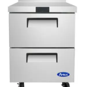 Stainless steel Atosa two-drawer worktop refrigerator featuring a reinforced top with a backsplash and heavy-duty casters.