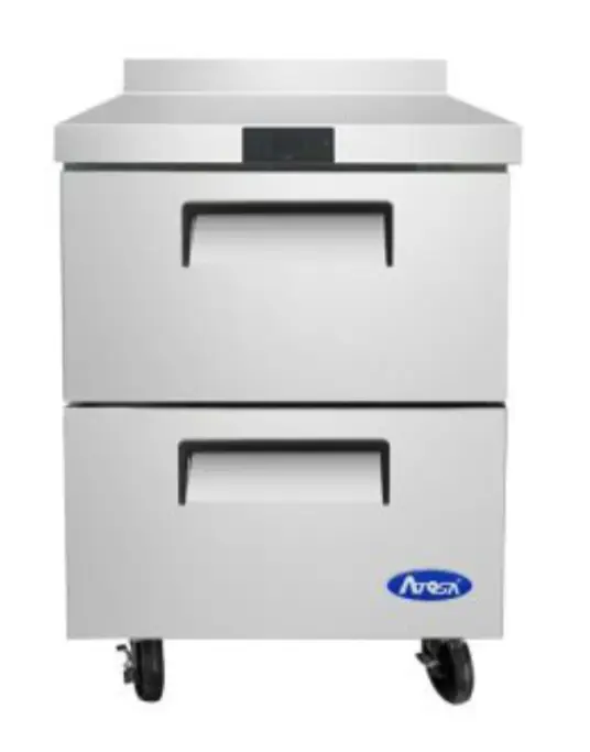 Stainless steel Atosa two-drawer worktop refrigerator featuring a reinforced top with a backsplash and heavy-duty casters.