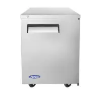A compact, single-door stainless steel Atosa back bar cooler featuring a solid door with a recessed handle.