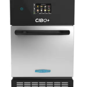 A compact, silver and black TurboChef CIBO+ rapid cook oven featuring a digital touchscreen and an ergonomic aluminum handle.