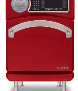 A Traffic Red TurboChef Sota rapid cook oven with a stainless steel handle and digital controls.