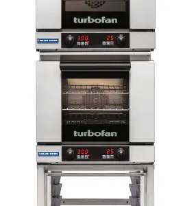 Two professional stainless steel Blue Seal Turbofan digital ovens stacked vertically.