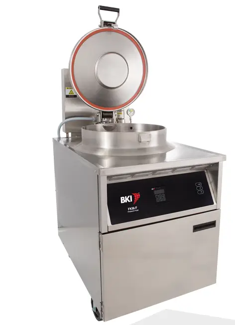 An industrial electric pressure fryer with a stainless steel body on caster.