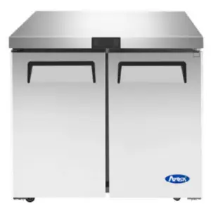 An atosa 2-door stainless steel undercounter freezer.
