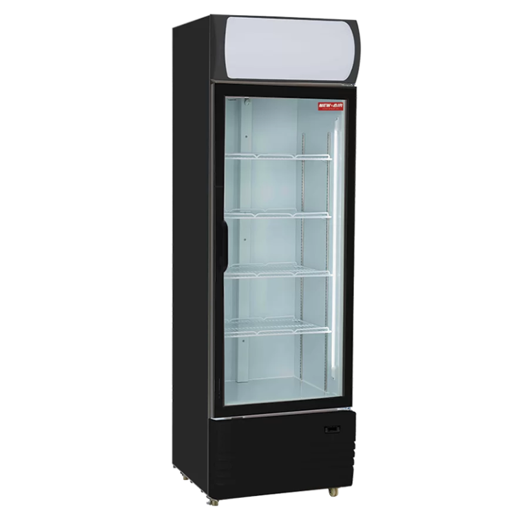 NewAir single glass door stnading display cooler with canopy.