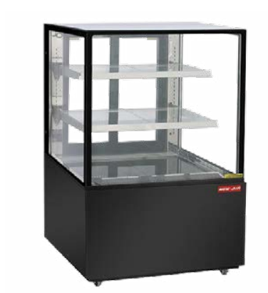 A New Air square glass refrigerated display case with a black exterior