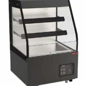 A New Air medium profile heated open merchandiser with a stainless steel exterior