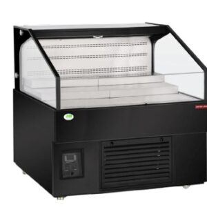 A New Air low horizontal open air curtain merchandiser with a black exterior