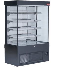 A New Air vertical open air curtain merchandiser with a black exterior