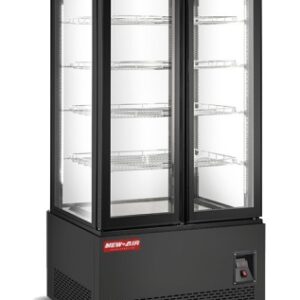 A New Air upright glass door display freezer with a black exterior