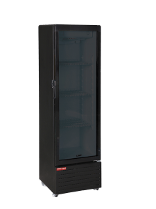 A narrow New Air black commercial refrigerator with a single glass door