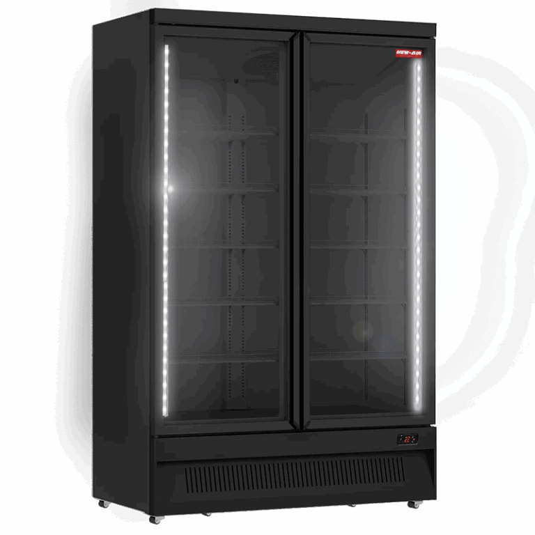 A New Air black commercial refrigerator with two glass doors and lit interior