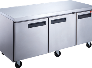 Stainless steel three door undercounter refrigerator on casters