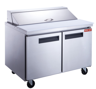 A New Air refrigerated salad and sandwich prep table with two solid doors and a stainless steel finish