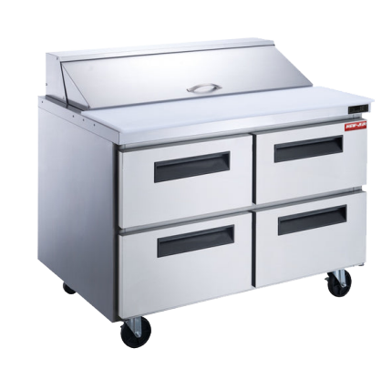 A New Air refrigerated prep table with four drawers and a stainless steel finish
