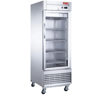 A New Air stainless steel commercial refrigerator with a single glass door