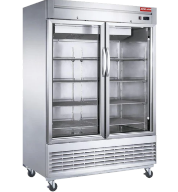 A New Air stainless steel commercial refrigerator with two glass doors